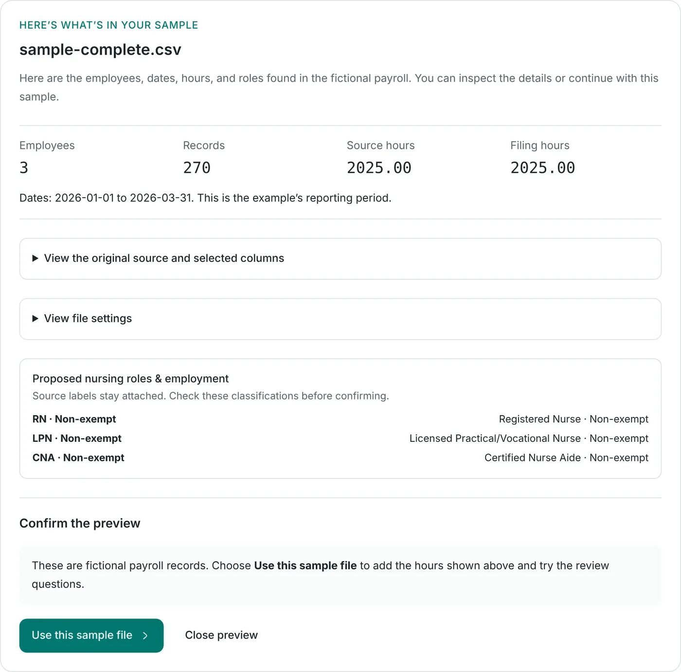 EasyPBJ import preview showing 3 employees, 270 records, 2,025 source hours, the date range, and proposed CMS roles for RN, LPN, and CNA job titles.