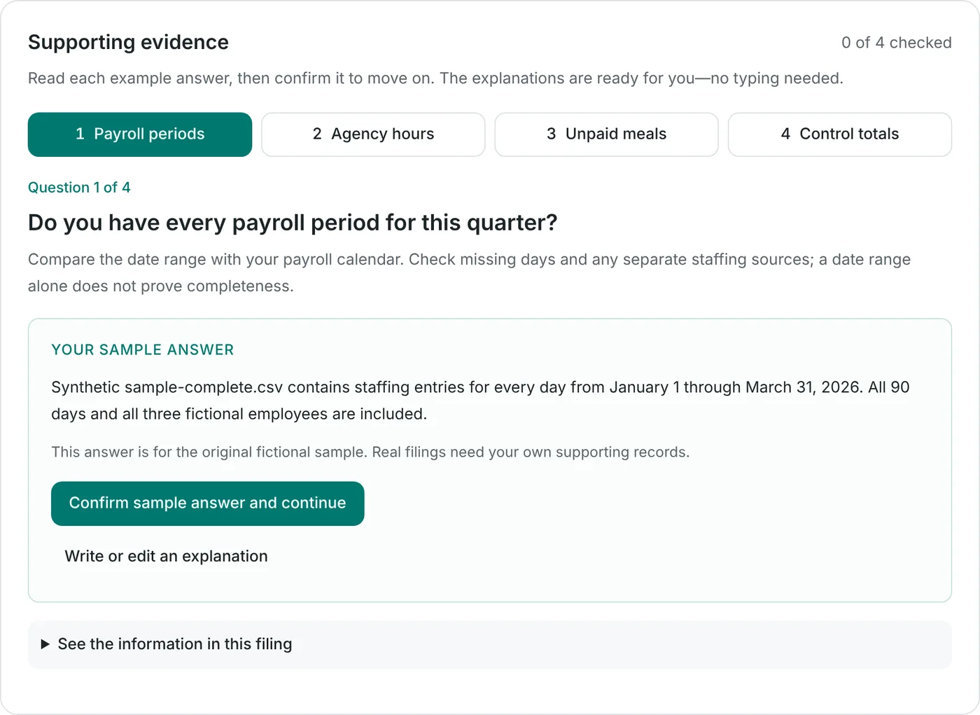 EasyPBJ supporting evidence panel asking whether every payroll period for the quarter is included, with four question tabs: payroll periods, agency hours, unpaid meals, and control totals.