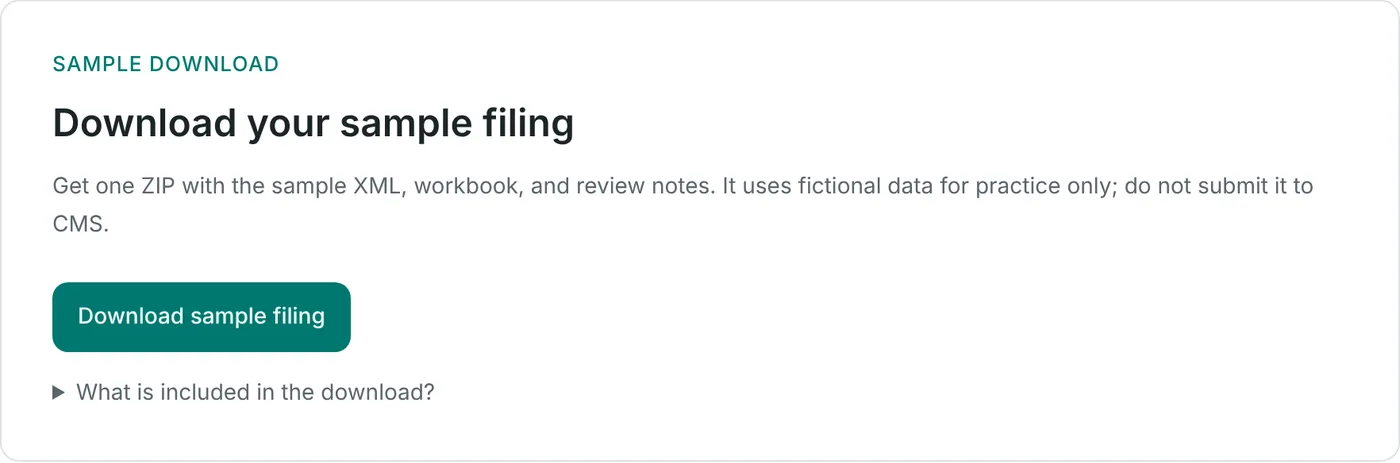 EasyPBJ download step with a button to download the filing package containing XML, workbook, and review notes.