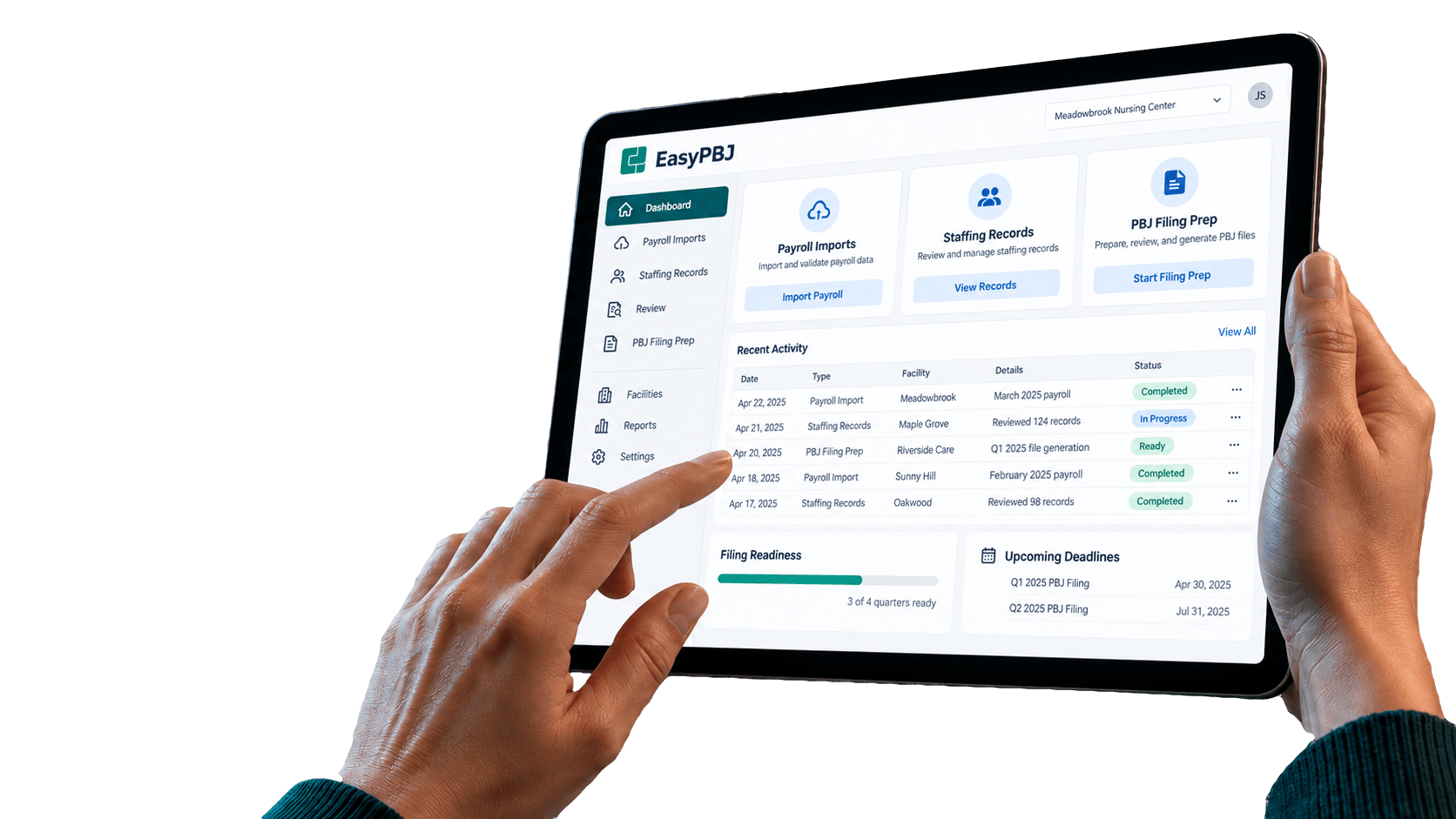 Hands holding a tablet showing EasyPBJ payroll imports, staffing records, and PBJ filing preparation for Meadowbrook Nursing Center.